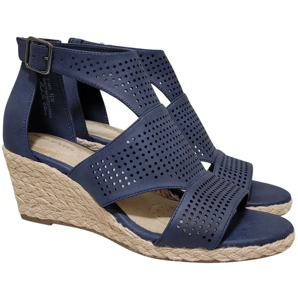 Easy Street Women Tova Caged Espadrille Wedge Sandals Size US 7.5M Navy Blue